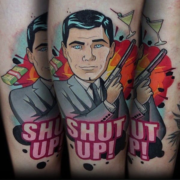 Bold Archer tattoo featuring the spy in a suit holding a gun, with a fiery background, martinis, cash, and 'Shut Up!' text.