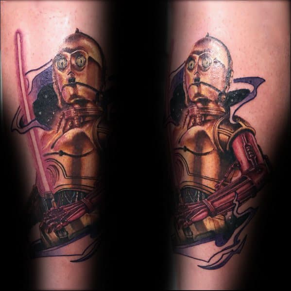 Epic C-3PO tattoo featuring a red lightsaber and battle-worn details, blending realism with a dynamic sci-fi aesthetic.