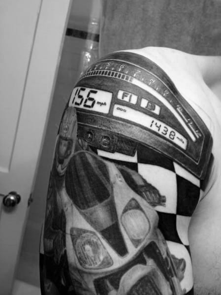 Realistic motorcycle-themed tattoo featuring a speedometer at 156 mph, a detailed sportbike, and a checkered flag, symbolizing speed and adrenaline.
