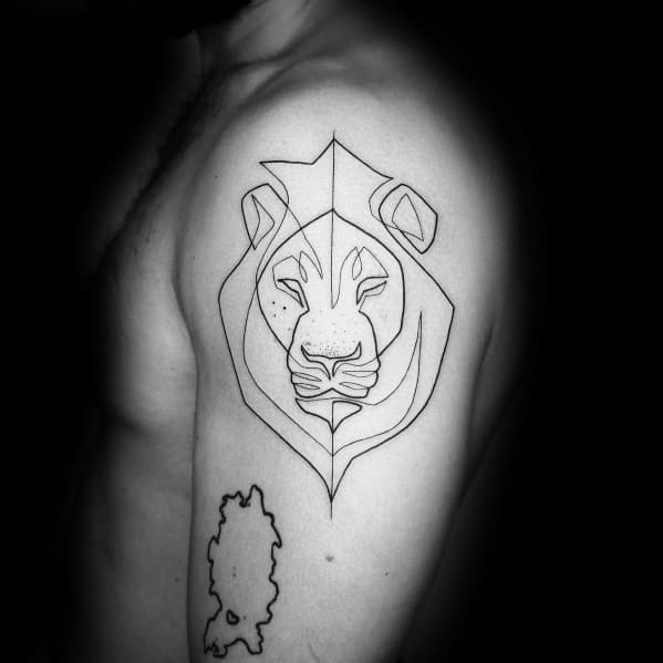 Geometric continuous line tattoo of a lion on the upper arm, featuring bold black ink with sharp angles for a strong and regal design.