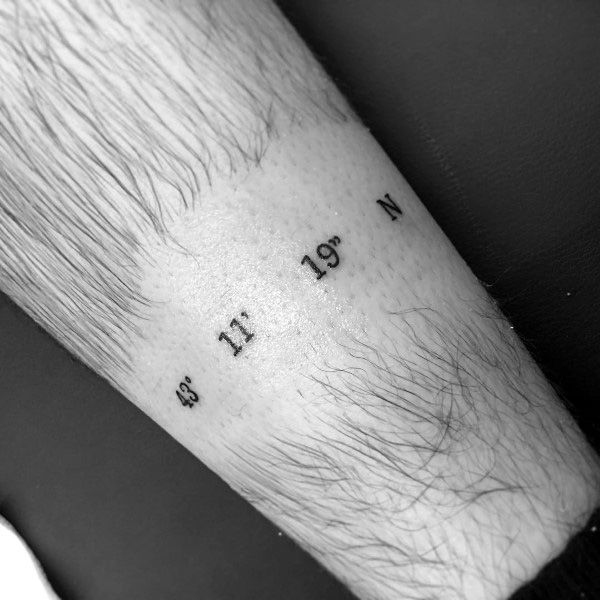 Minimalist coordinate tattoo on the forearm with fine black lettering, marking a significant location with a clean and subtle design.