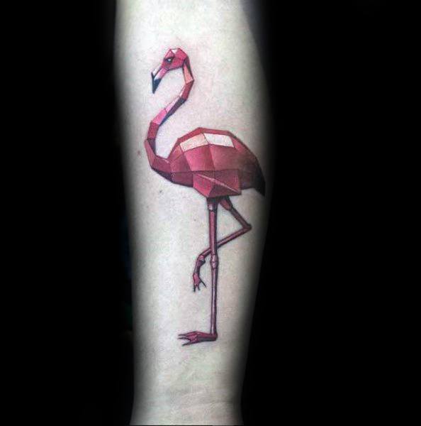Low-poly style flamingo tattoo with geometric shapes and shaded pink tones, creating a modern and digital-inspired design.