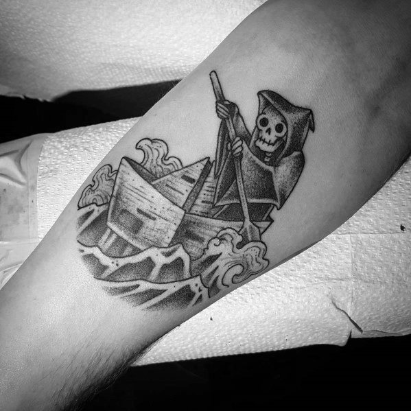 Grim Reaper rowing a paper boat through rough waves, symbolizing fate, the passage of time, and the journey between life and death.