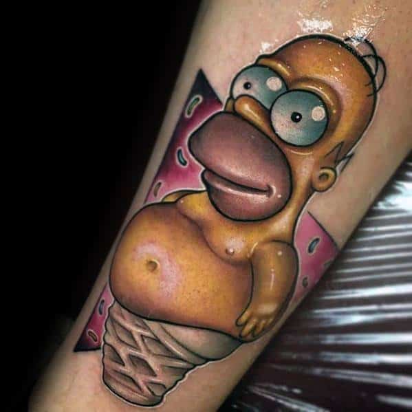 Creative tattoo of a cartoon-inspired character resembling Homer Simpson fused with an ice cream cone, featuring bold colors and smooth shading.