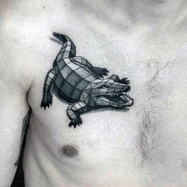 Geometric crocodile tattoo on the chest with 3D block shading and bold black detailing, giving it a fierce and dynamic appearance.