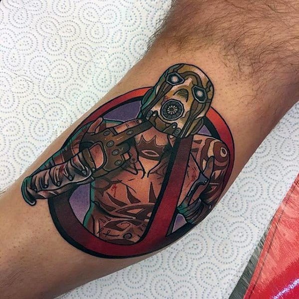 Bold tattoo of a Psycho Bandit from Borderlands giving the finger, set inside the red Vault logo with clean lines and vibrant comic-style colors.