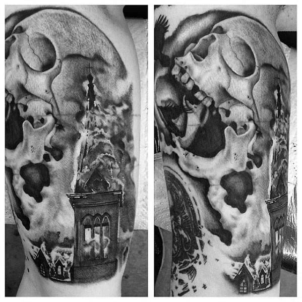 Black and grey tattoo of a burning church with smoke forming into a large skull. Dramatic shading and surreal elements fill the upper arm.