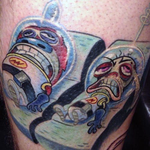 Detailed tattoo of Ren and Stimpy in space suits lying in seats, with tired and exaggerated facial expressions in classic surreal cartoon style.
