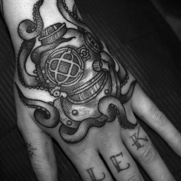 Guys Tattoo Ideas Diving Helmet Designs On Hand