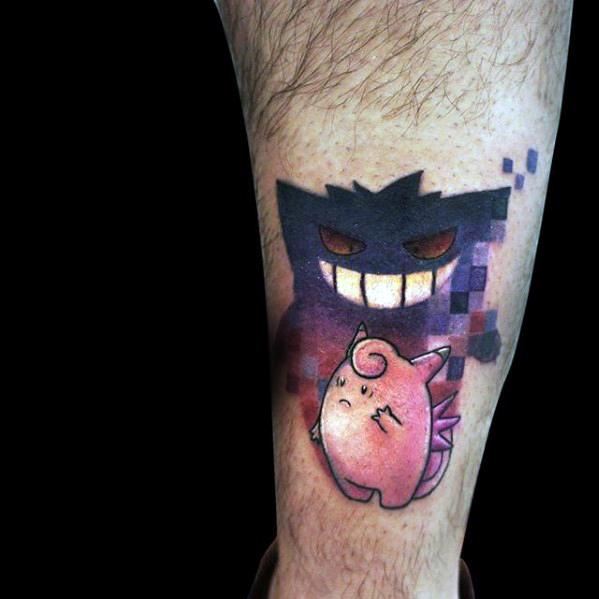 Creative tattoo of Clefairy in the foreground with a pixelated Gengar shadow looming behind, blending cute and eerie elements.