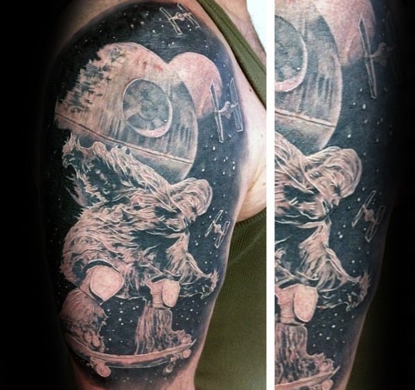 Tattoo of Chewbacca skateboarding near the Death Star, dodging TIE fighters in space
