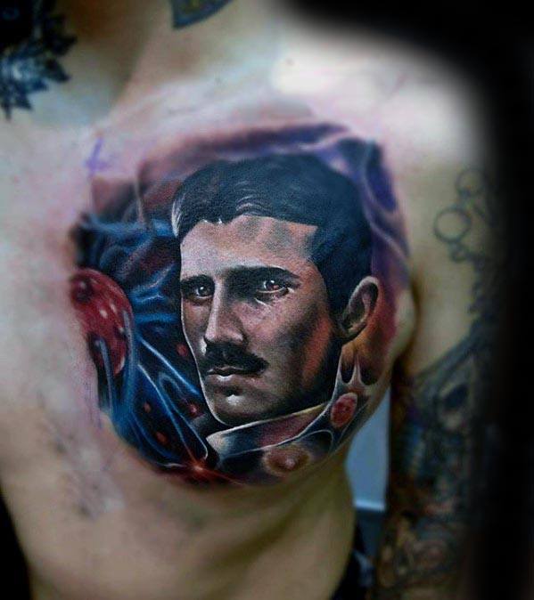Vivid chest tattoo of Nikola Tesla with a cosmic, electric background in shades of blue, red, and purple, creating a surreal effect.