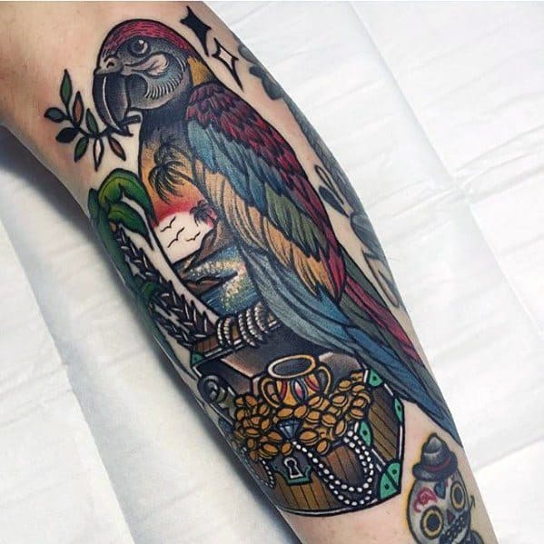 Guys Tattoo Ideas Parrot With Treasure Chest Leg Designs