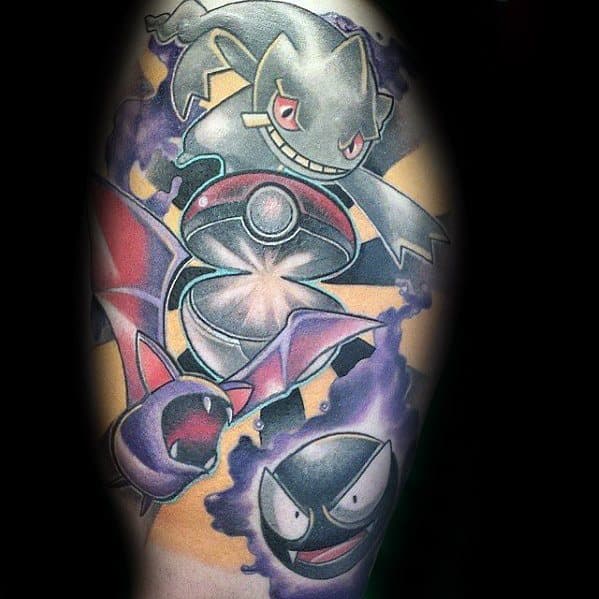 Spooky-themed tattoo featuring Banette, Golbat, and Gastly emerging from an open Pokeball with swirling purple smoke and shadows.