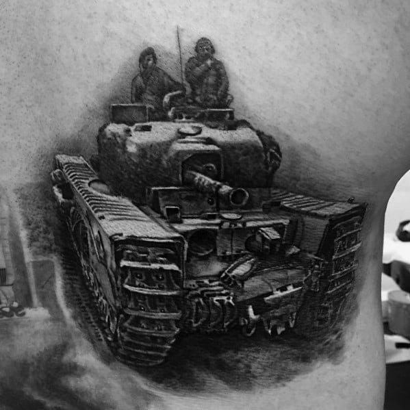 Highly detailed black and grey tattoo of a tank with two soldiers, showing rugged textures, depth, and realistic motion on the battlefield.