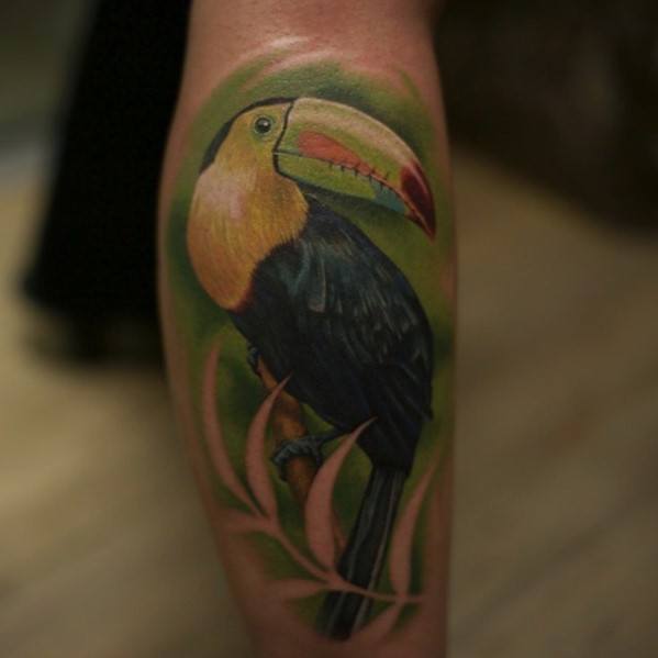 Realistic toucan tattoo with a large yellow and green beak, set against a soft green background and tropical foliage on the forearm.