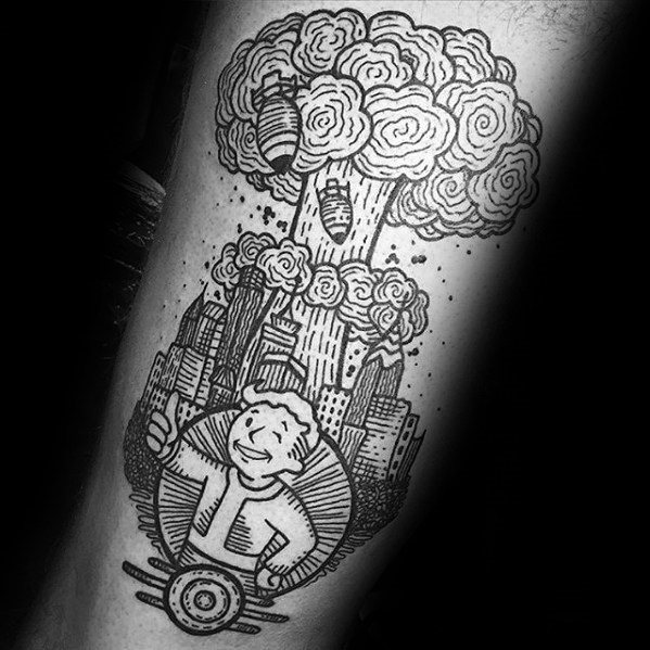 Vault Boy tattoo in a cityscape with bombs falling and a massive mushroom cloud, drawn in bold black linework with intricate detail.
