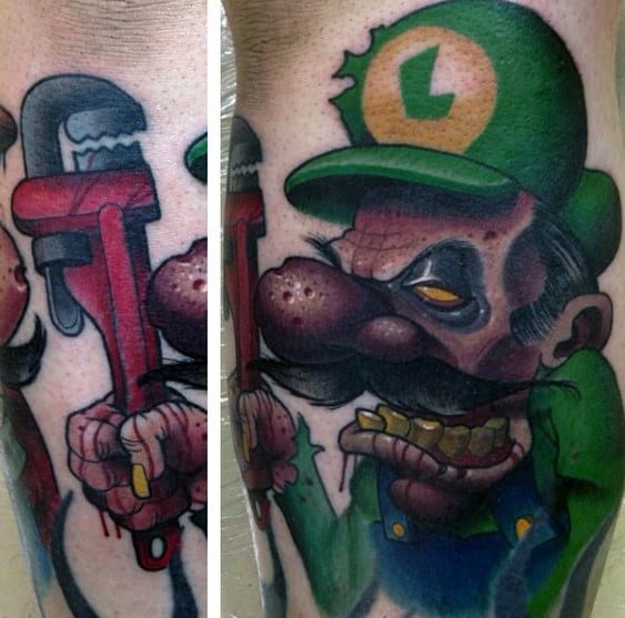 Dark-themed tattoo of a zombified Luigi with decayed skin, glowing yellow eyes, and a bloody wrench, giving a horror-inspired twist to the character.