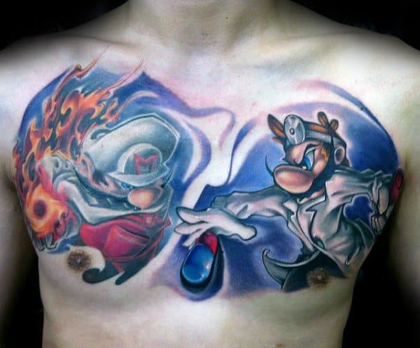 Epic chest tattoo featuring Fire Mario and Dr. Mario in a dynamic battle, with bold shading, fiery effects, and vibrant colors for a striking design.