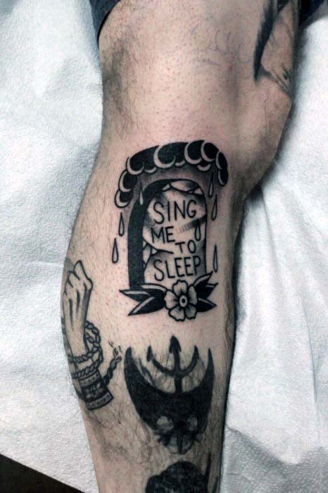 Guys Tattoo Of Tombstone With Sing Me To Sleep And Raining Cloud Design