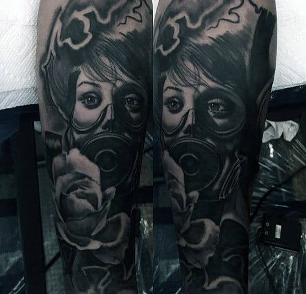 Guys Tattoo Of Woman Wearing Gas Mask Full Sleeve