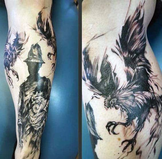 Guys Tattoo Silhouetted Man And Roosters Calf Piece In Black Ink
