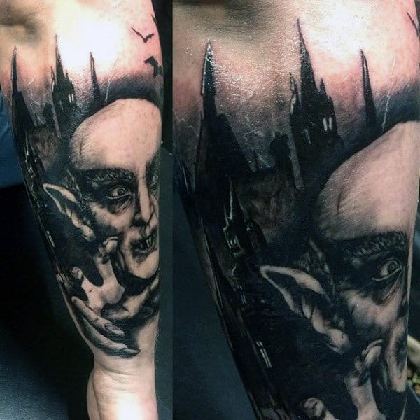 Guys Tattoo With Vampire And Castle Design On Forearm