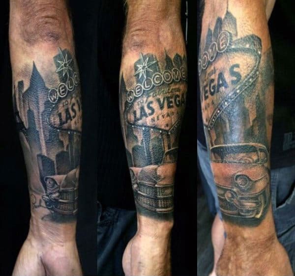 Tattoo of a Las Vegas sign, city skyline, and vintage car on a forearm