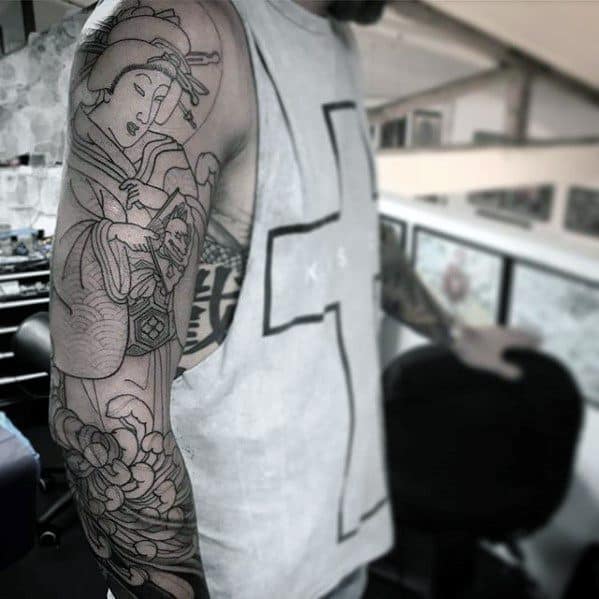 Guys Tattoos Full Arm Sleeve With Outline Design