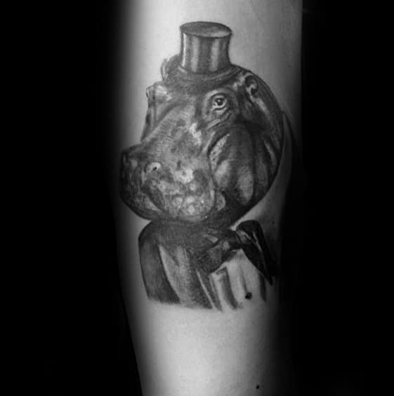Guys Tattoos On Inner Forearm With Hippo Wearing Top Hat Design