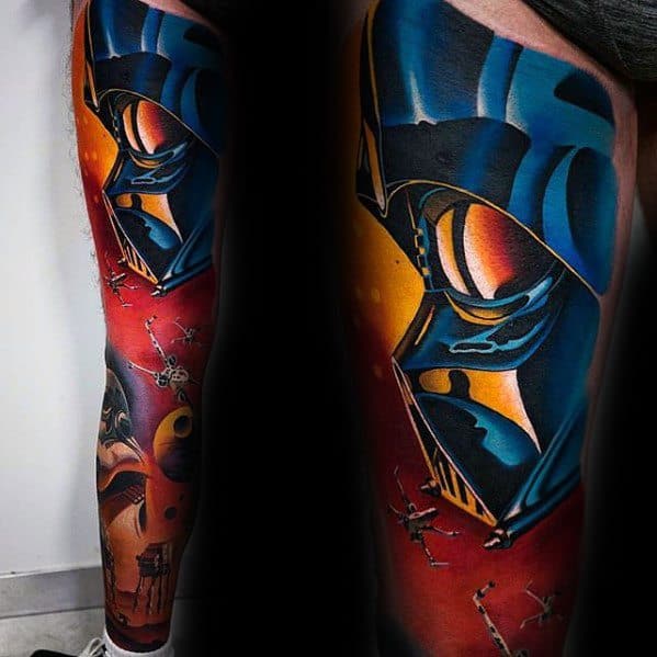 Darth Vader tattoo with bold blue and orange hues, Death Star, Star Wars ships, AT-AT walker, and vibrant space scene