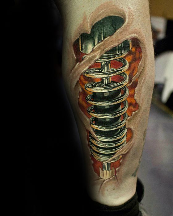 Guys Tattoos With 3d Leg Suspension Design