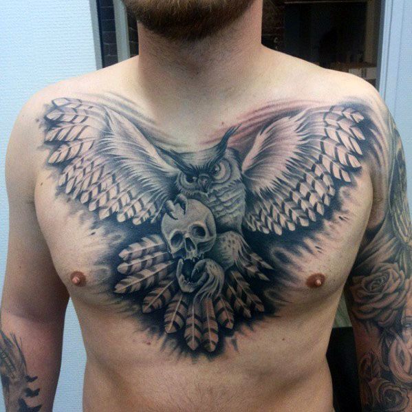 Guys Tattoos With 3d Realistic Owl Skull Design On Chest