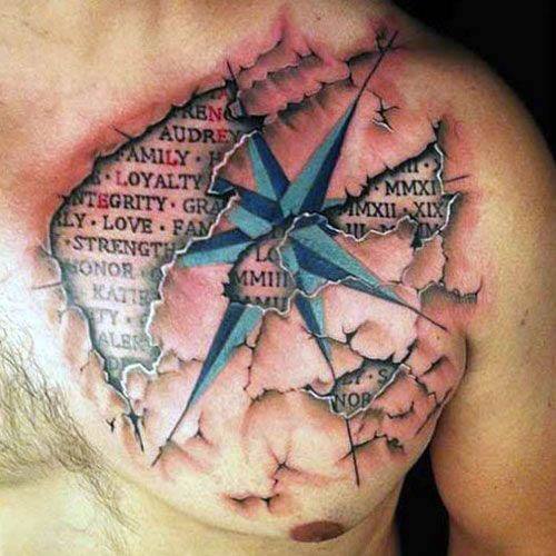 3D chest tattoo with ripped skin effect revealing a vibrant blue star compass and engraved words like loyalty, strength, and family underneath.