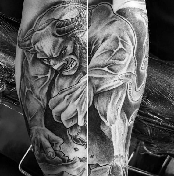 Guys Tattoos With Angry Minotaur Design On Leg