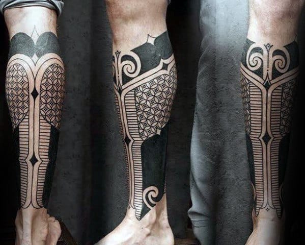 Guys Tattoos With Blackwork Geometric Leg Sleeve Design