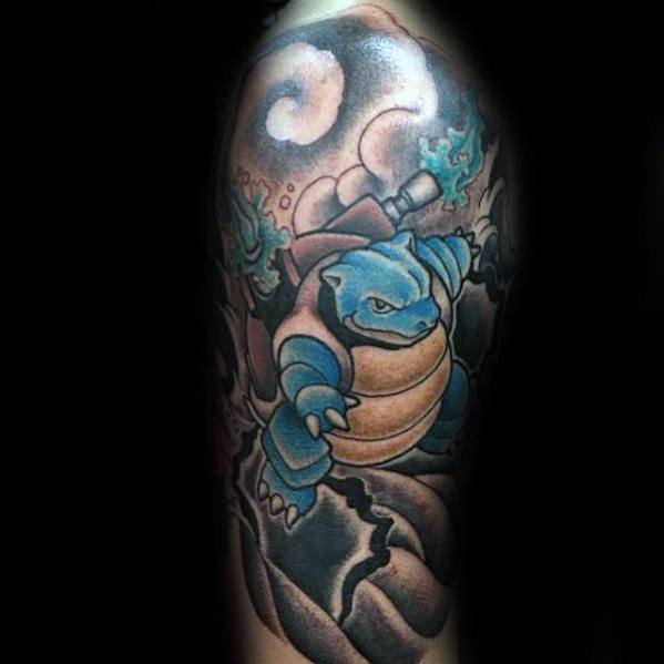 Stormy Blastoise tattoo with dark waves, lightning effects, and glowing water cannon, creating a dramatic and intense atmosphere.