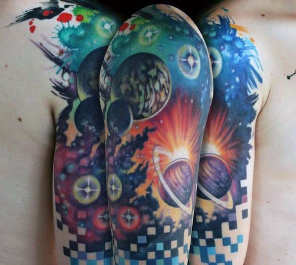 Guys Tattoos With Celestial Pixel Design Half Sleeve