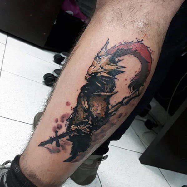 Dynamic Dark Souls tattoo of Dragon Slayer Ornstein in a stylized pose, with bold colors, sharp lines, and a sweeping red plume.