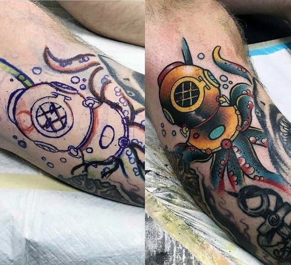 Guys Tattoos With Diving Helmet Design On Leg