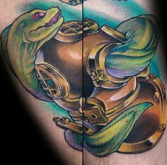 Guys Tattoos With Eel And Diver Helmet Arm Design