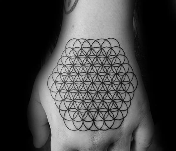 Guys Tattoos With Flower Of Life Geometric Hand Design
