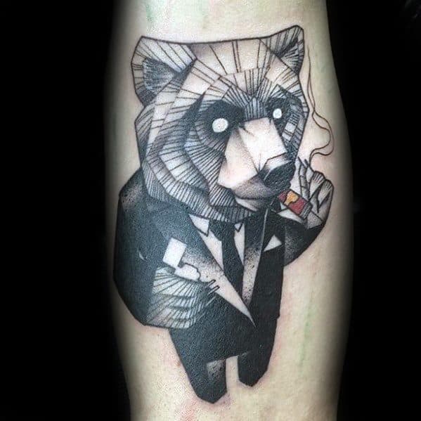Stylized geometric bear tattoo in a suit smoking a cigar, blending comic art and 3D shading for a bold and quirky forearm design.
