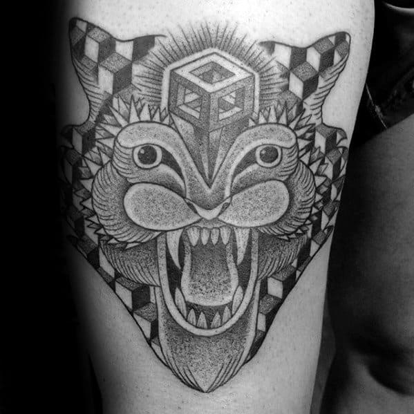 Surreal geometric tiger tattoo with open mouth, cube elements, and dotwork shading, combining 3D illusion with bold abstract design.