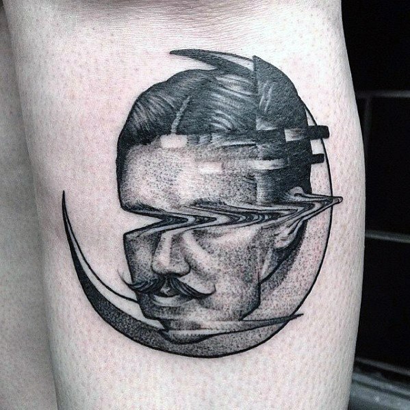 Glitch tattoo of a vintage man’s portrait with a mustache, featuring horizontal distortion lines and circular frame elements