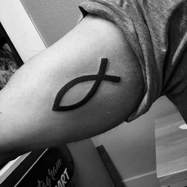 Guys Tattoos With Ichthus Design On Inner Arm Bicep