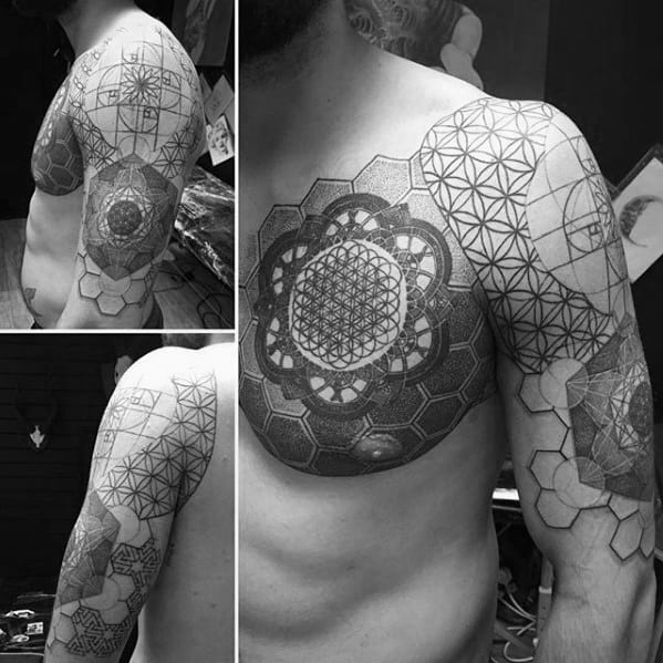Full chest and arm tattoo with intricate dotwork featuring Metatron’s Cube, Flower of Life, and sacred geometry layered with hexagonal patterns.
