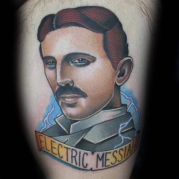 Color portrait tattoo of Nikola Tesla with stylized features, blue electric bolts, and a banner reading "Electric Messiah."