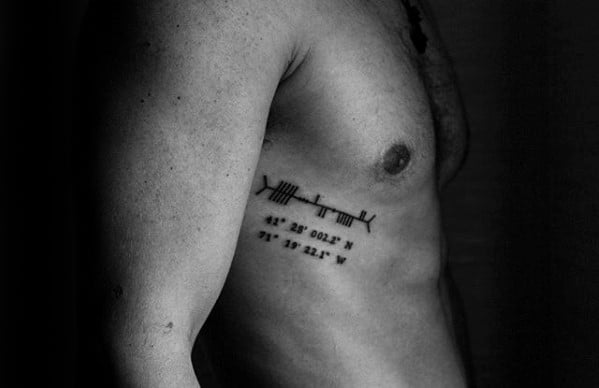 Guys Tattoos With Ogham Design Rib Cage Side