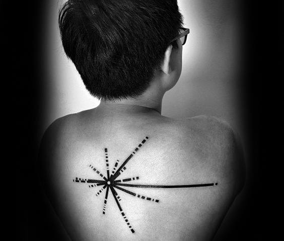 A person with a geometric tattoo resembling a pulsar map with thick lines on their back, viewed from behind